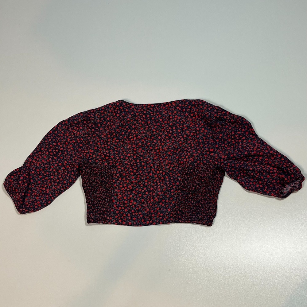 Zara Floral Poplin Crop Top Size S Smocked Puff Sleeve Sweetheart Boho Blouse - Picture 3 of 7